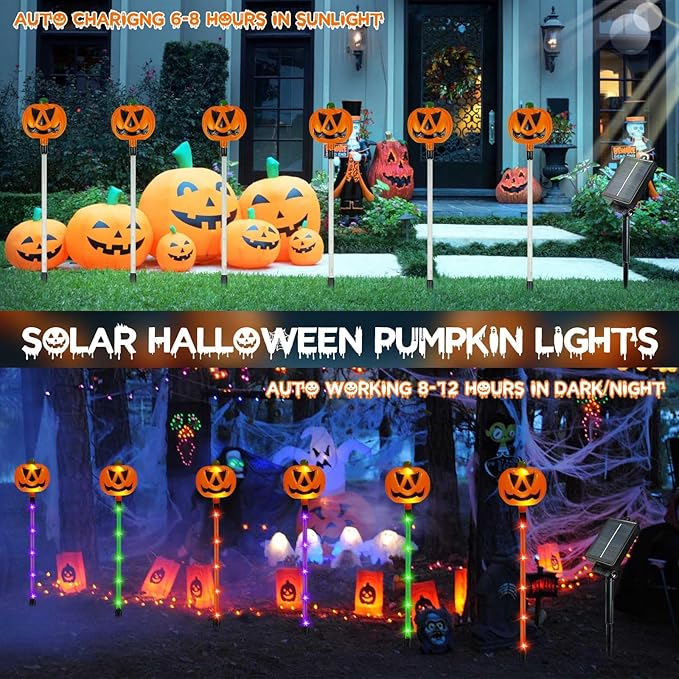 12-Pack Pumpkin Solar Lights for Outdoor Halloween Decorations, Green Orange and Purple Halloween Lights, Light up Jack O Lantern Pumpkins, Solar Garden Lights for Pathway Yard Party Decor