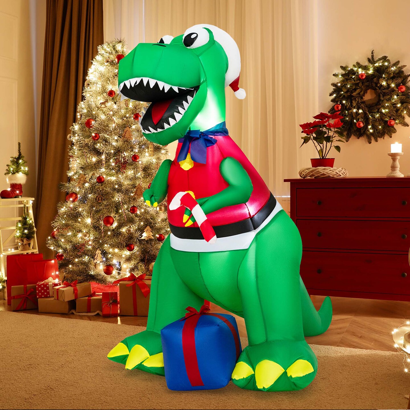 Costway 6FT Inflatable Christmas Dinosaur Dinosaur Decoration with LED Lights &#x26; Gift Box