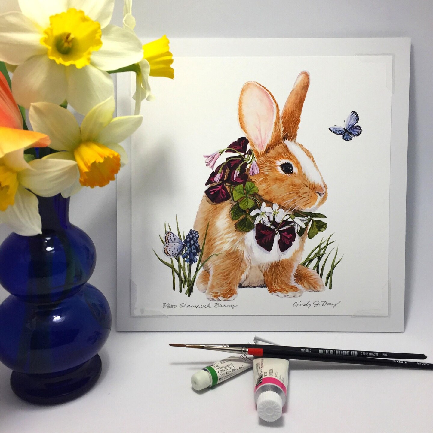 Watercolor Easter Bunny Art,Shamrock Bunny,Watercolor Bunny