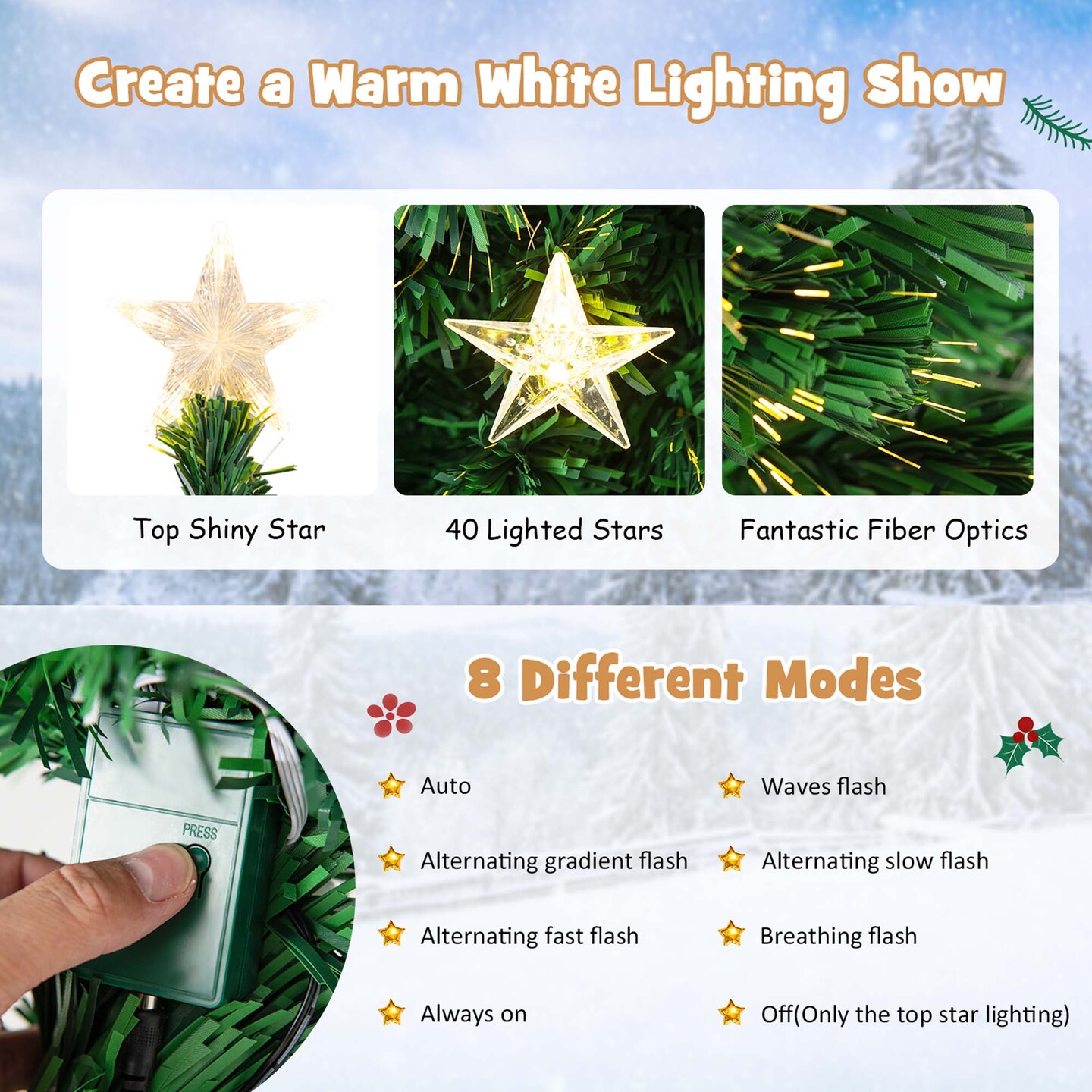 Costway 4/5/6/7 FT Pre-Lit Artificial Xmas Tree with 135/180/230/280 Branch Tips &#x26;15/21/30/40 Warm White Star Lights
