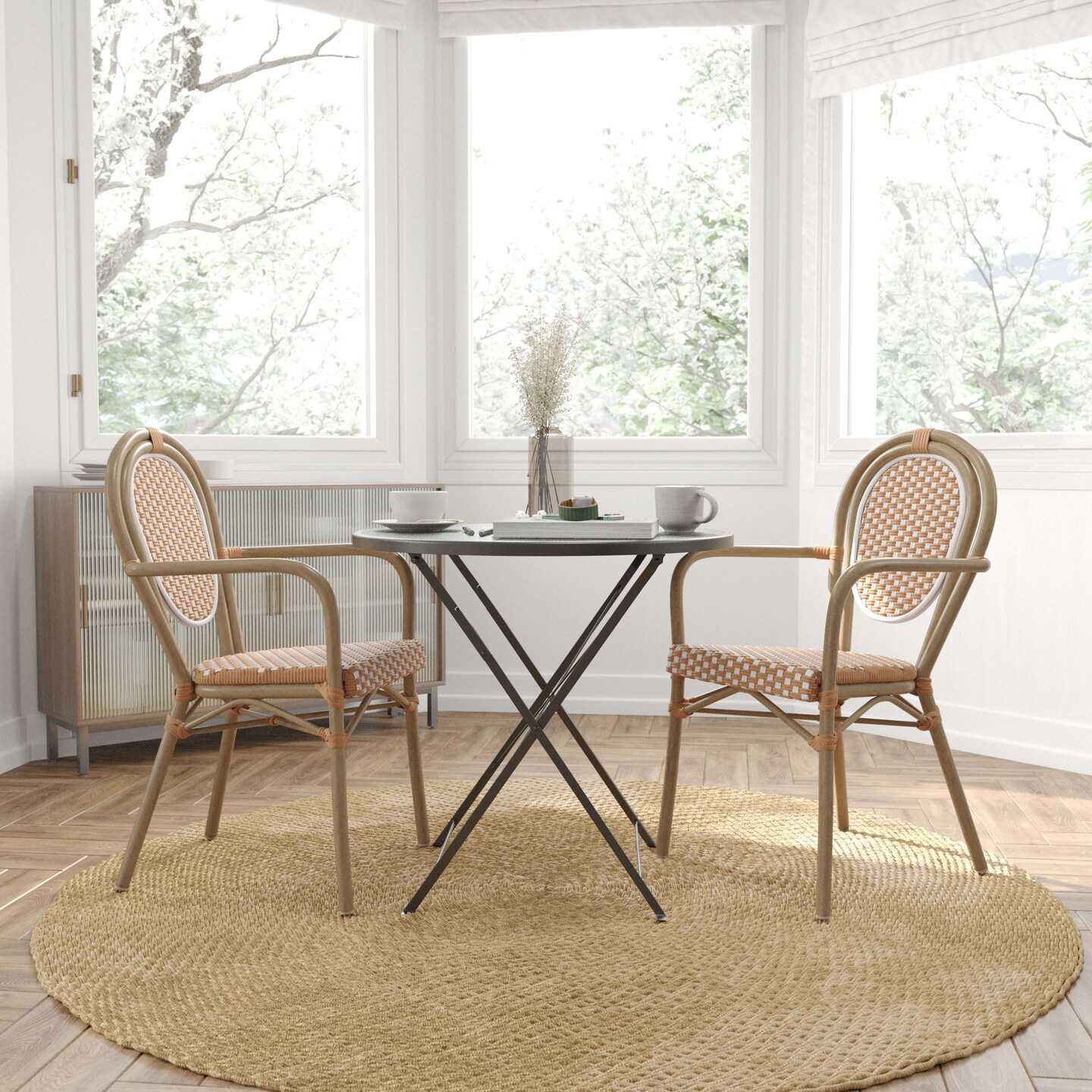 Merrick Lane Celia Set of Two Stacking Thonet Bistro Style Chair with Arms, PE Rattan Seat, and Metal Frame for Indoor/Outdoor Use