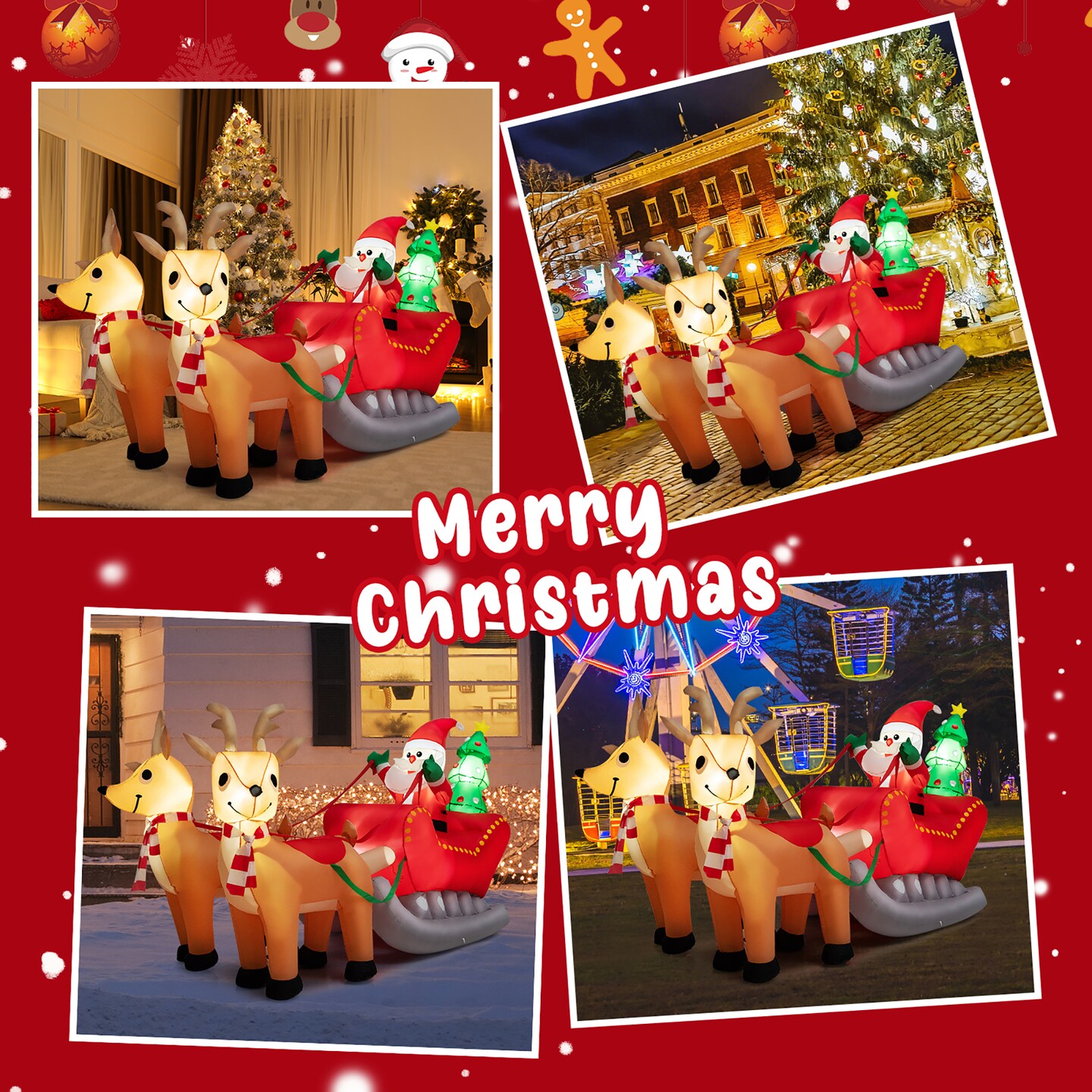 Costway 7.2 FT Inflatable Santa Claus Sleigh and Reindeer w/ LED Lights & Christmas Tree