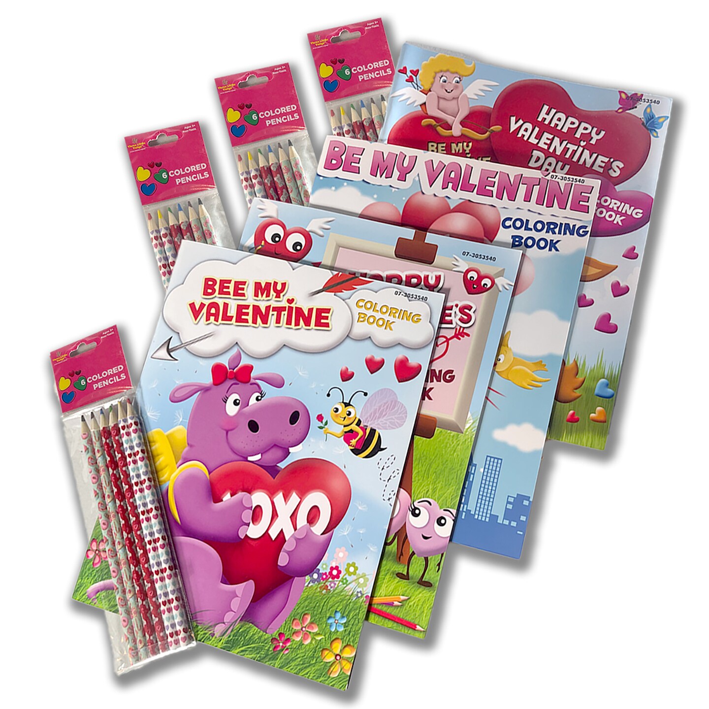 Three Little Twigs: Valentine&#x27;s Coloring Books 8pc Bundle - 4 Assorted Themed Coloring Books, 4 Packs Of 6ct Colored Pencils, Art Supplies, Kid Age 3+
