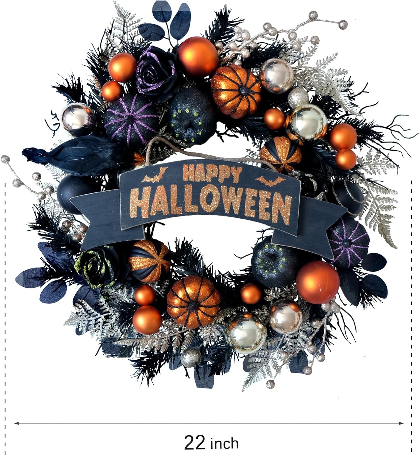 Halloween Glitter Pumpkin Wreath with Balls & Berries, Black Roses