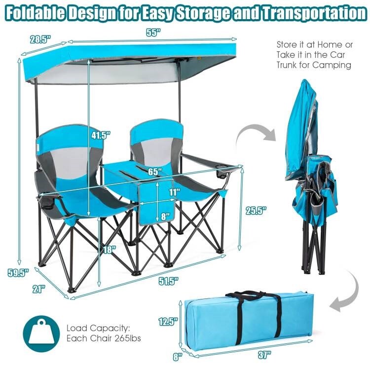 Steel Folding 2-Seater Camping Chair with Canopy and Cooler
