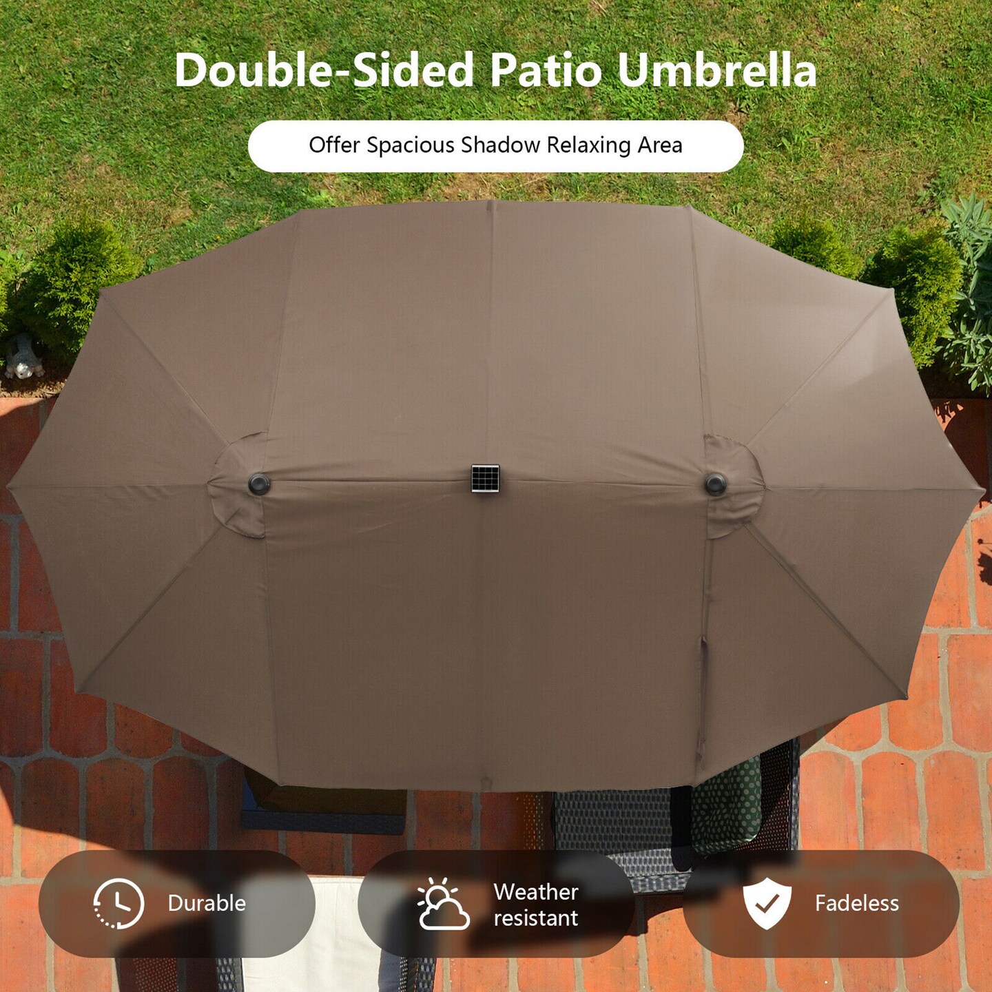 Costway Outdoor 15' Double-Sided Patio Umbrella 48 Solar LED Lights Crank & Base