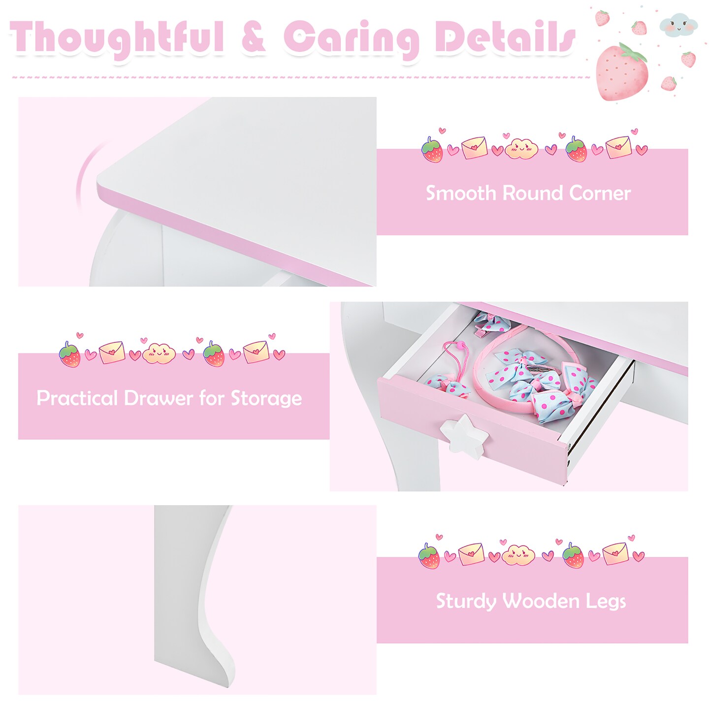 Costway Kids Vanity Makeup Dressing Table Chair Set Wooden W/ Mirror Drawer