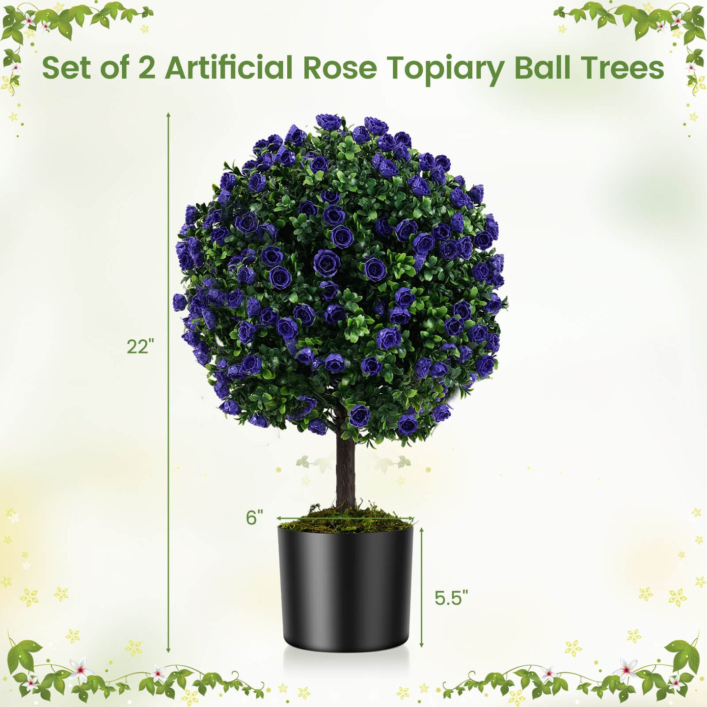 Costway Set of 2 Artificial Purple Rose Topiary Ball Trees 22" Faux Boxwood Ball Tree