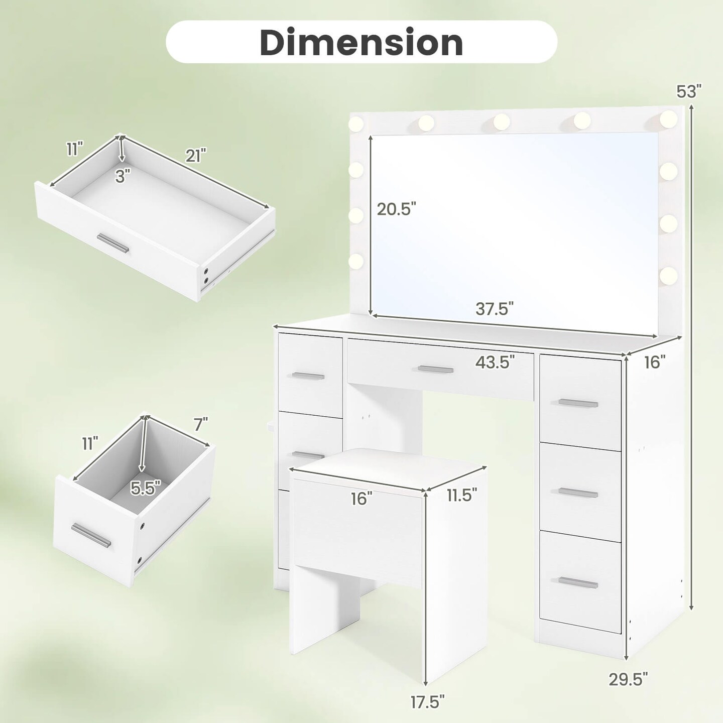 Costway Vanity Desk with Mirror and Lights Storage Stool Power Outlets 3 Lighting Colors