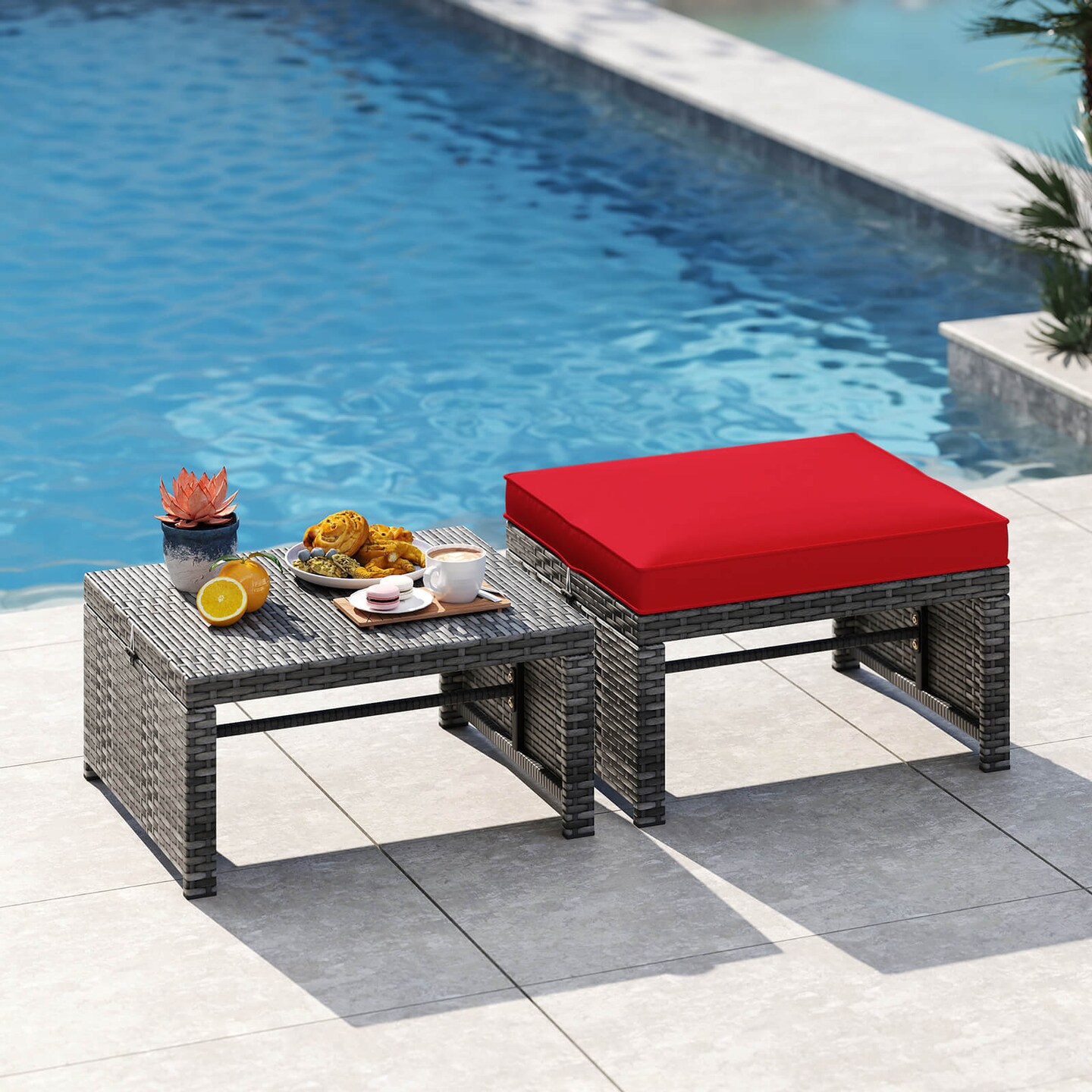 Costway Patio Ottomans Set of 2 PE Rattan Footstools with Removable Cushions & Metal Frame Red/Gray/Black/White/Turquoise/Navy