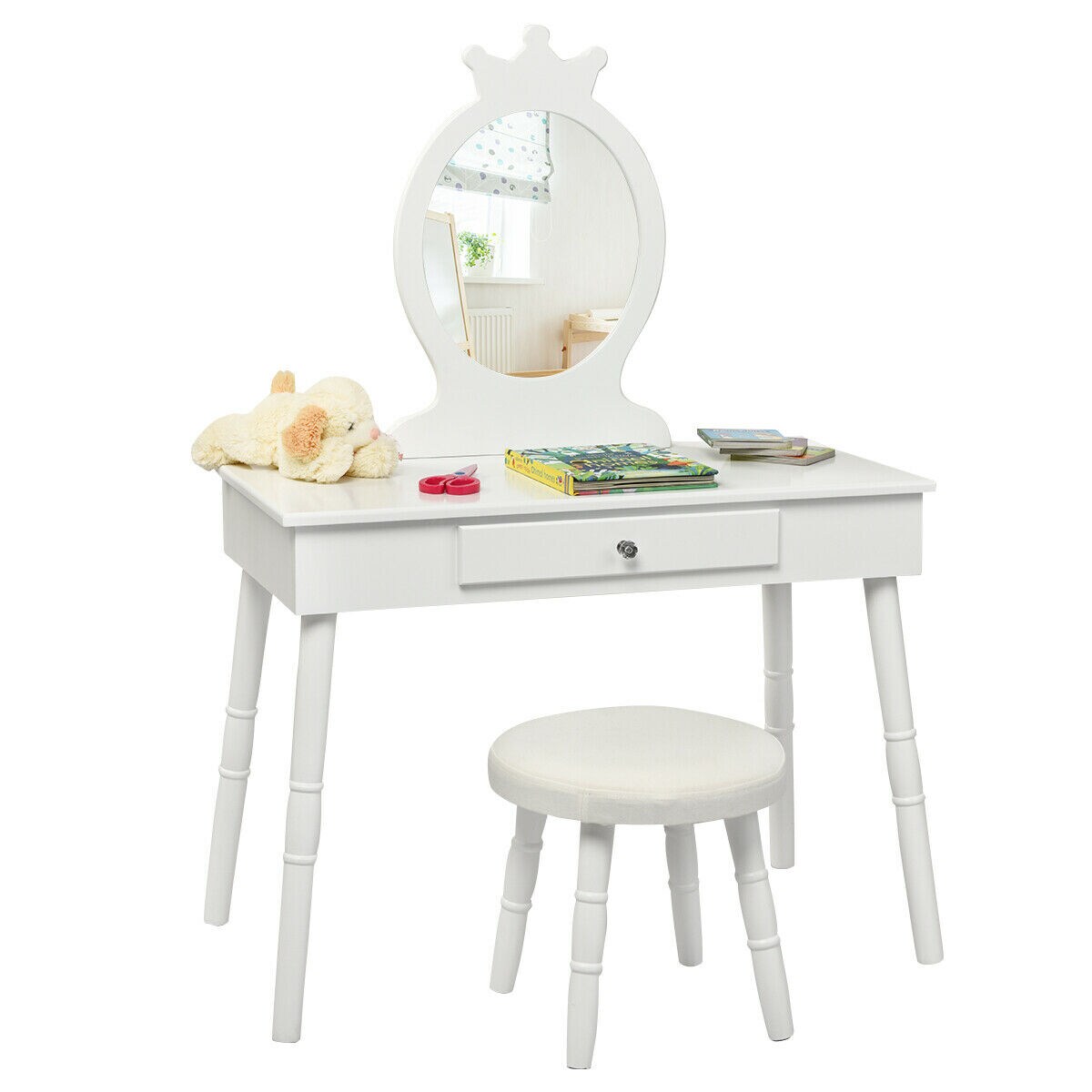 Costway Kids Vanity Makeup Table & Chair Set Make Up Stool Play Set for Children