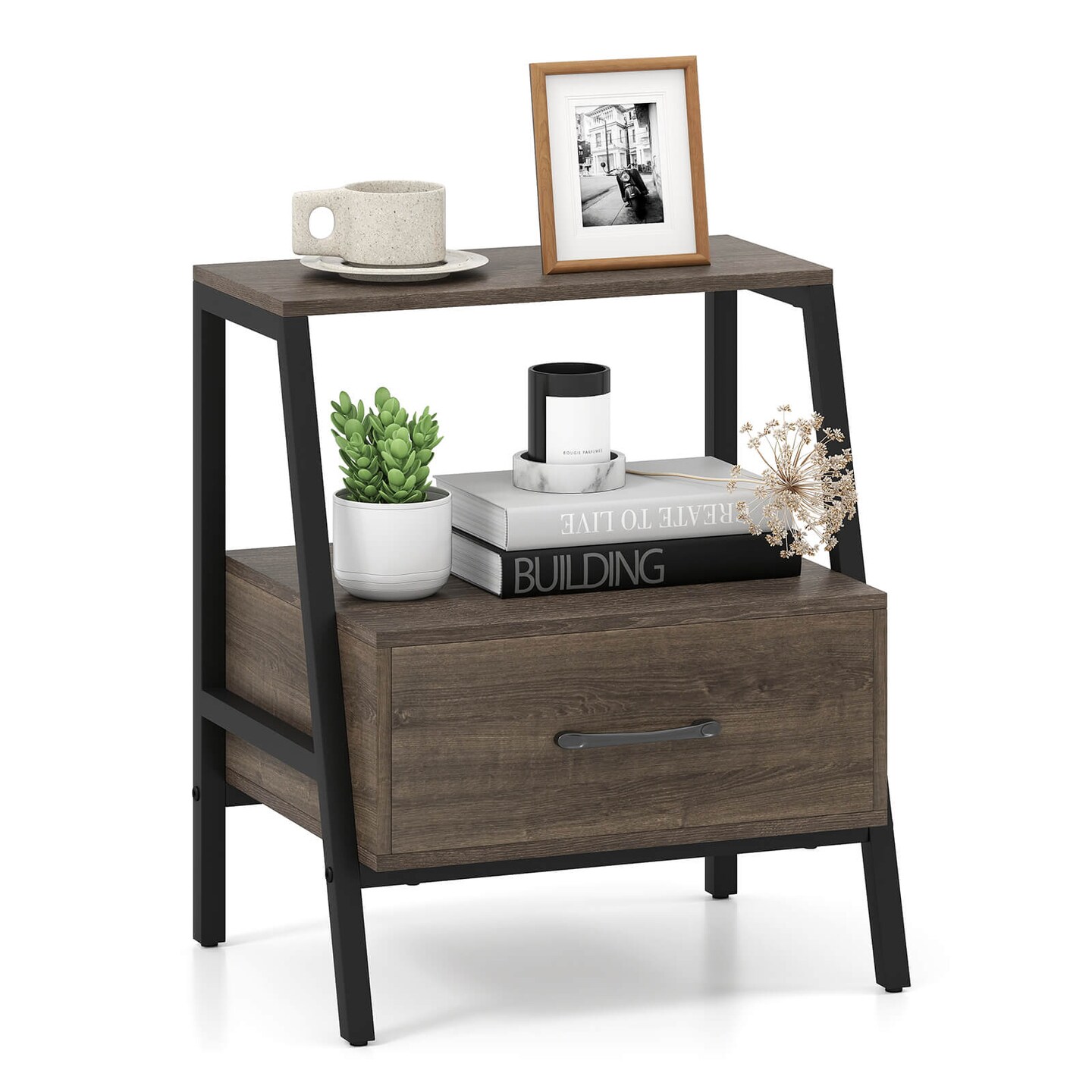Costway 1/2 PCS Nightstand with Drawer Farmhouse 3-Tier Bedside Table with Open Shelf End Table