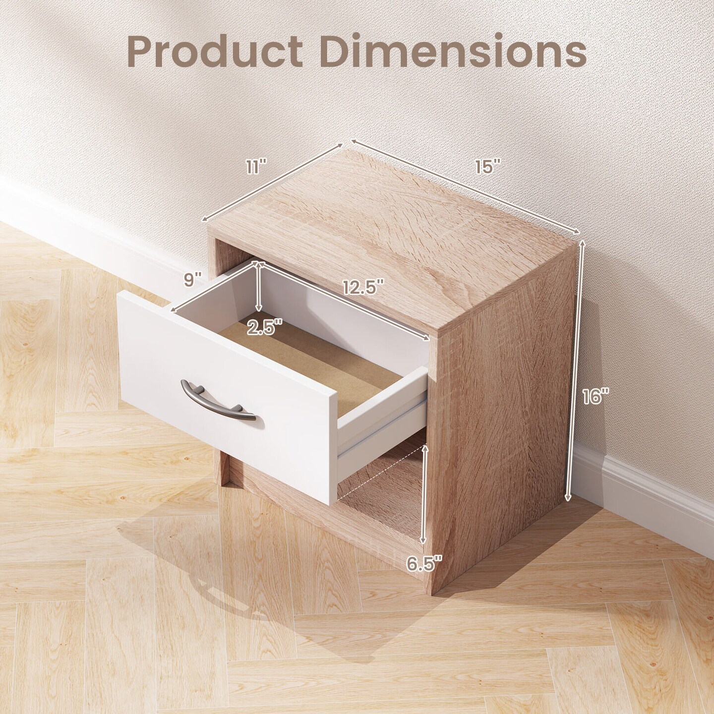 Costway Modern Nightstand Bedside Table with Drawer Open Storage Shelf for Small Spaces Light Gray/Oak&White/Natural&White/Natural/White/Dark Gray/Brown