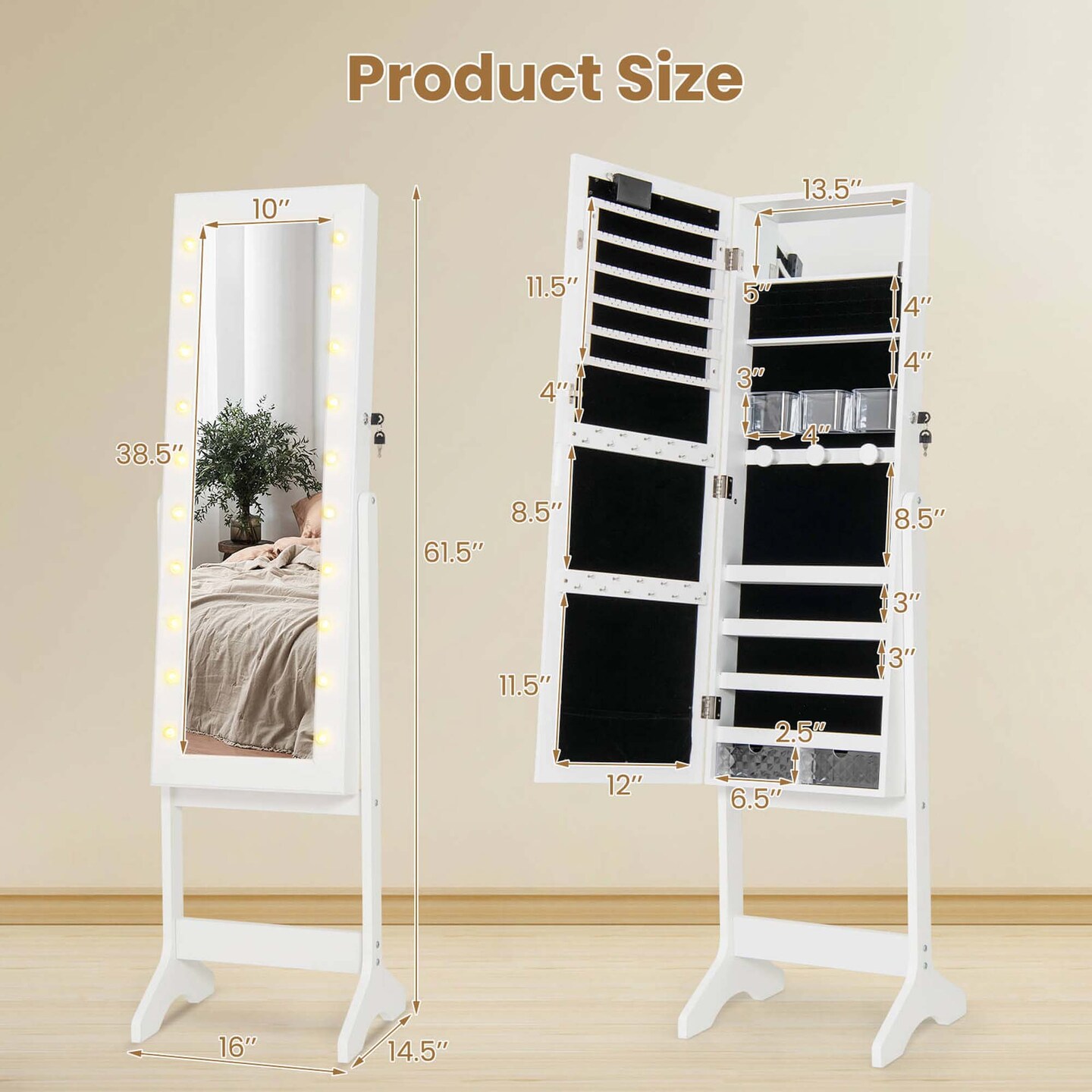 Costway LED Mirror Jewelry Cabinet with 20 LED Lights Full-Length Mirror Adjustable Angles White/Brown/Black