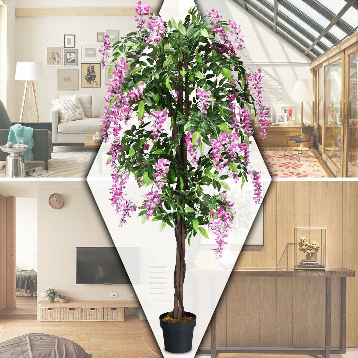 Costway 2 PCS 6 FT Artificial Wisteria Silk Tree Pink Flower Indoor-Patio Home