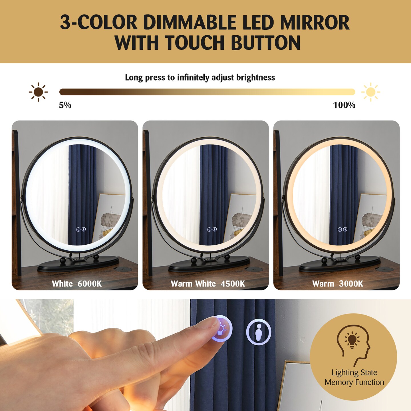 Costway Vanity Makeup Table Set 3-Color Dimmable Human Body Induction LED Light White\Brown