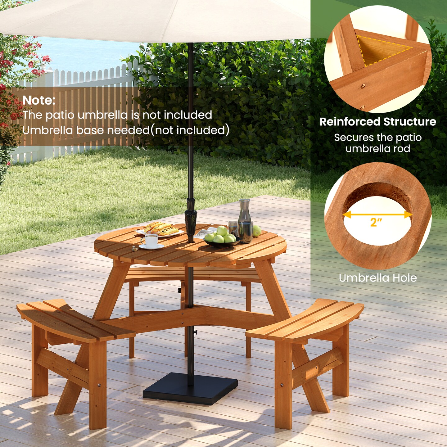 Costway 6-Person Round Picnic Table Set with 3 Built-in Benches 2" Umbrella Hole, Brown/Yellow