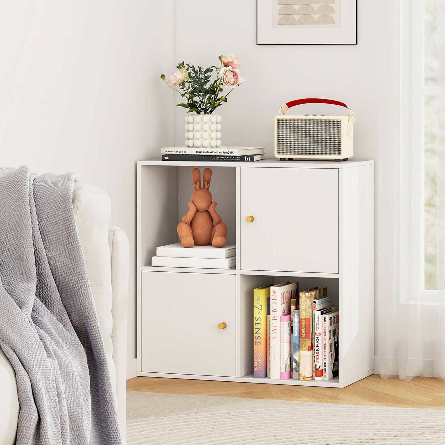 Costway 4-Cube Bookcase with Dual Anti-Tipping Kits &#x26; 2 Cabinets Storage Organizer White/Natural