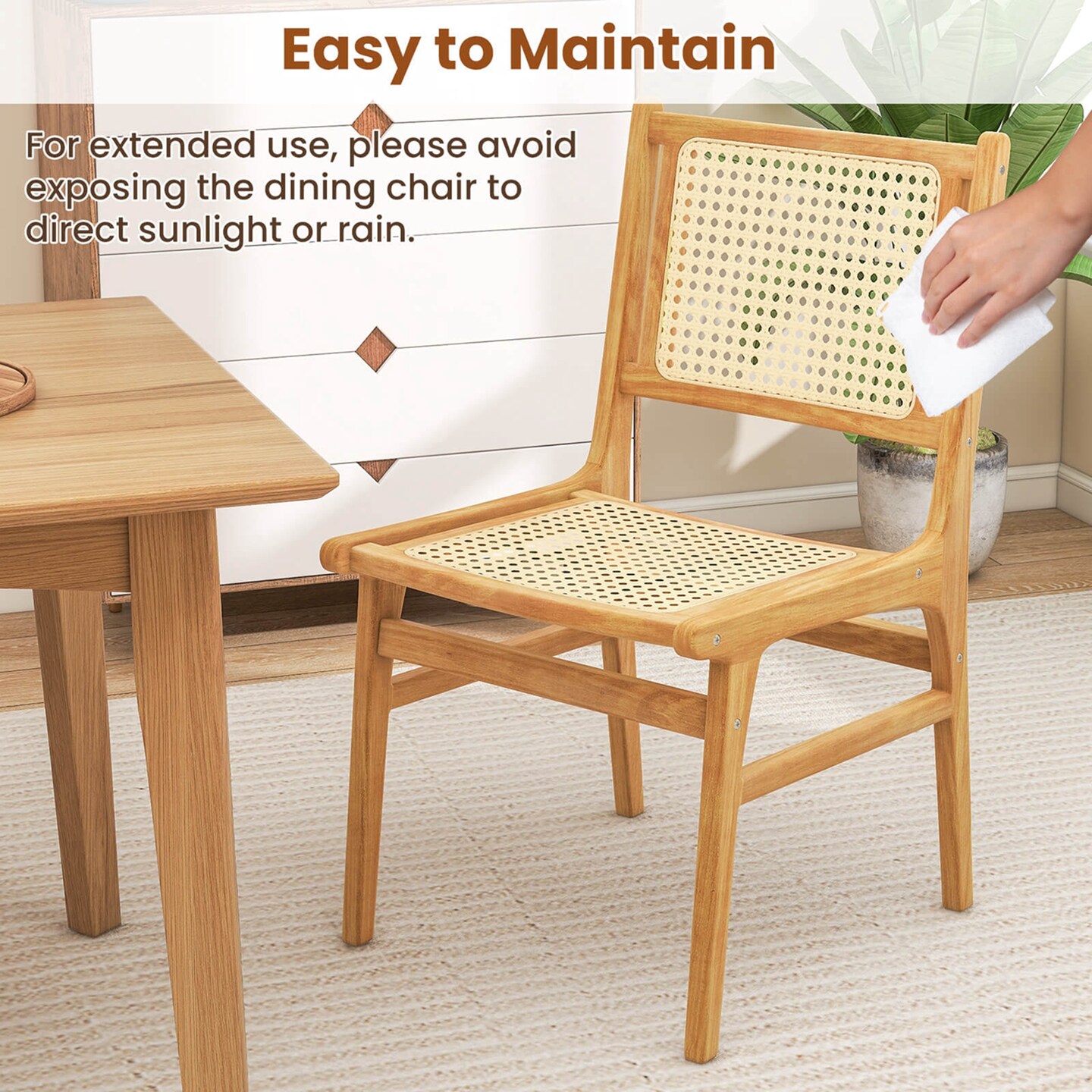 Costway 1/2 PCS Rattan Dining Chair with Natural Cane Woven Backrest & Seat & Teak Wood Frame