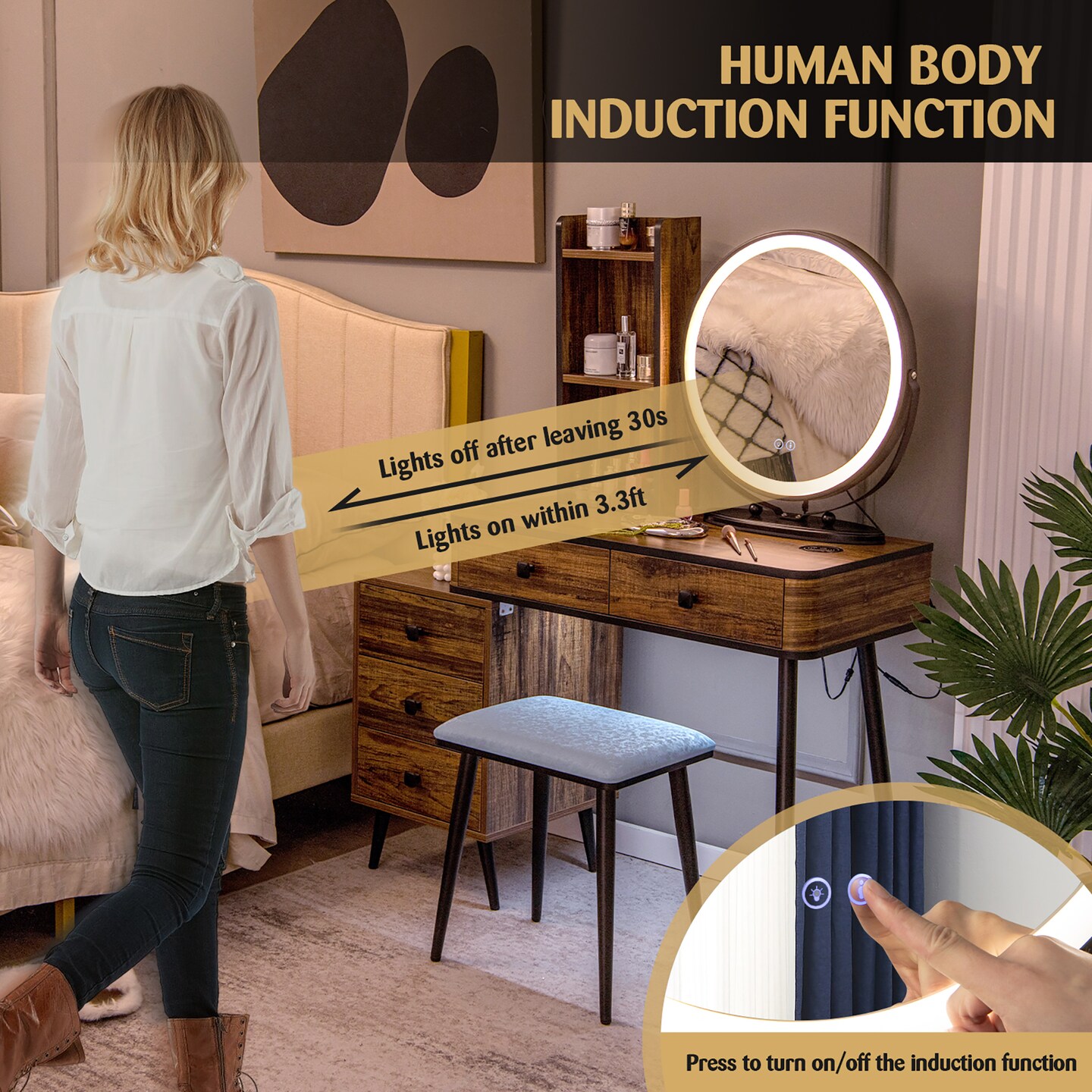 Costway Vanity Makeup Table Set 3-Color Dimmable Human Body Induction LED Light White\Brown
