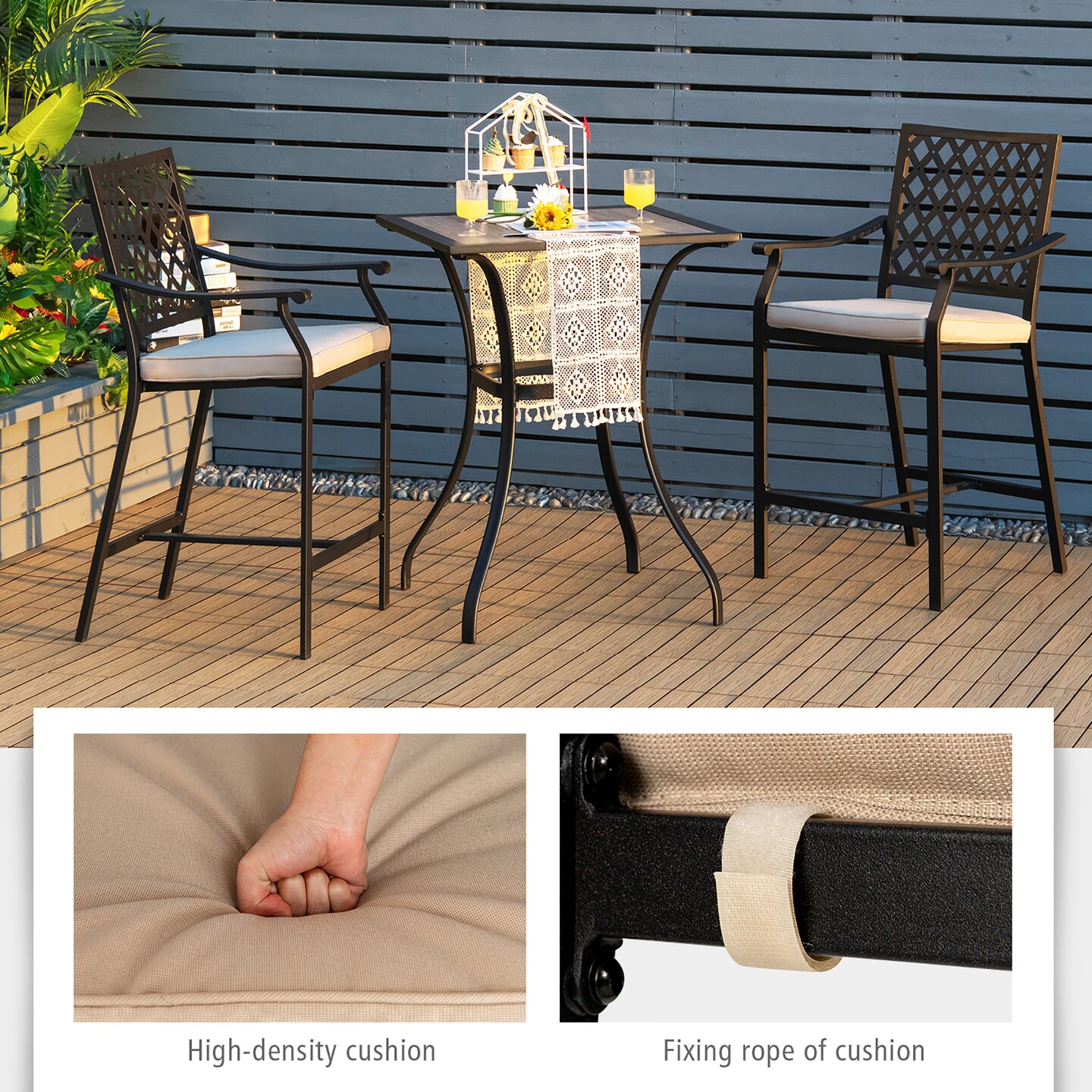 Costway 2PCS Patio Bar Stool Counter Height Cushioned Chair Armrest Garden Deck