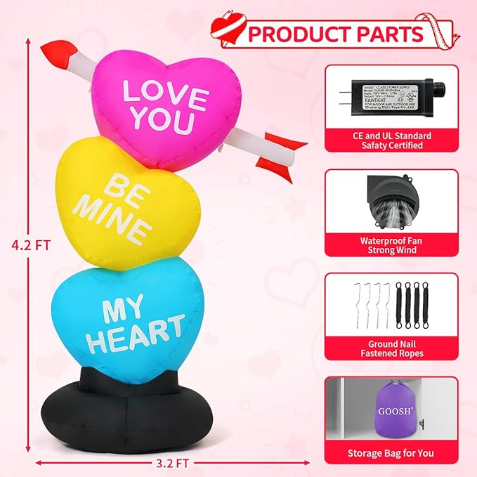 GOOSH 4 FT Valentines Day Inflatables Three Hearts for Wedding Party