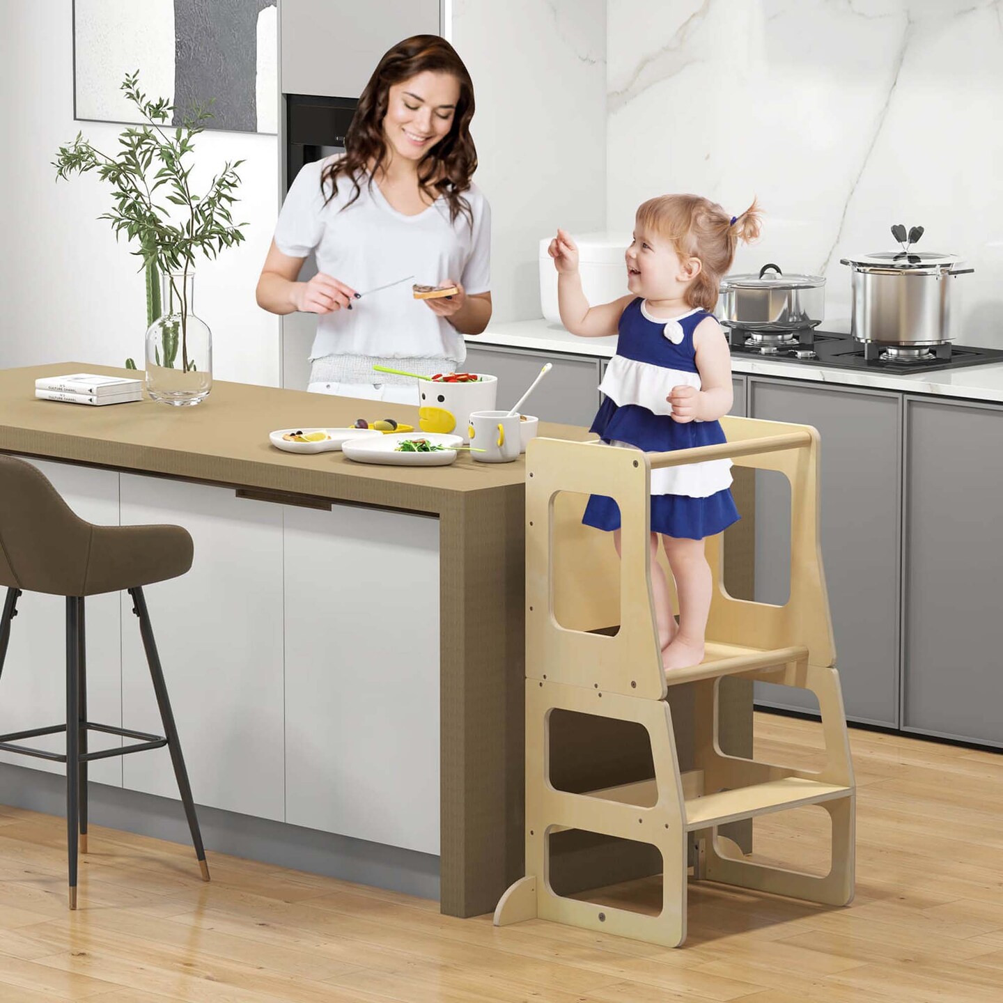 Costway 3-in-1 Foldable Kitchen Standing Tower for Toddlers with Chalkboard Weaning Table Natural