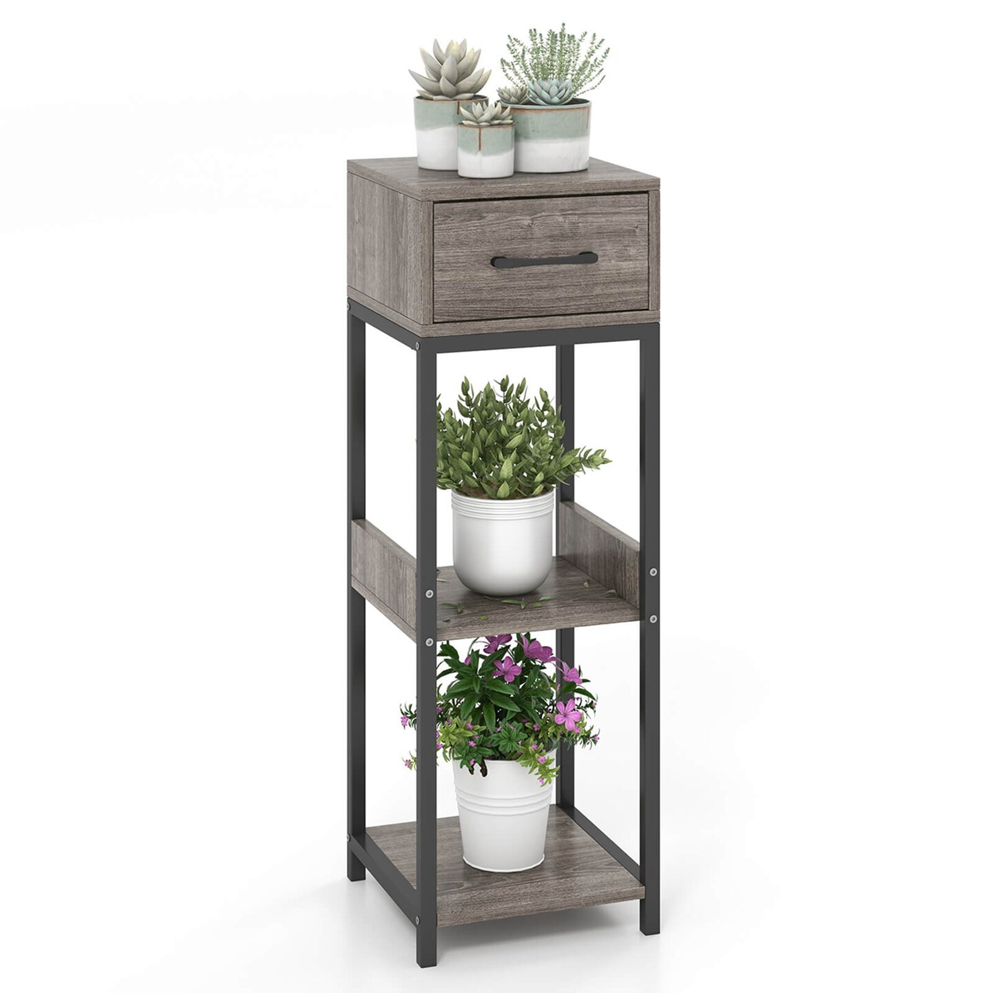 Costway 1/2 Pack 3 Tier Indoor Tall Plant Stand with Drawer Anti-tipping Devices Display Shelf