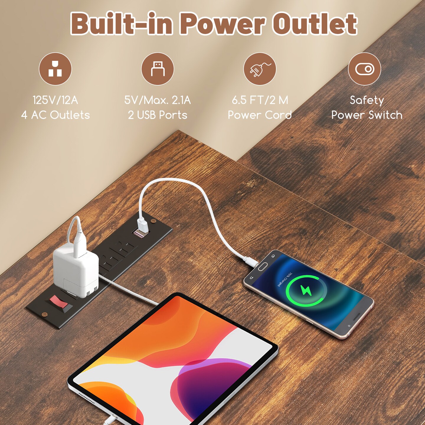 2-Person Office Desk with Built-In Power Outlet and Printer Stand