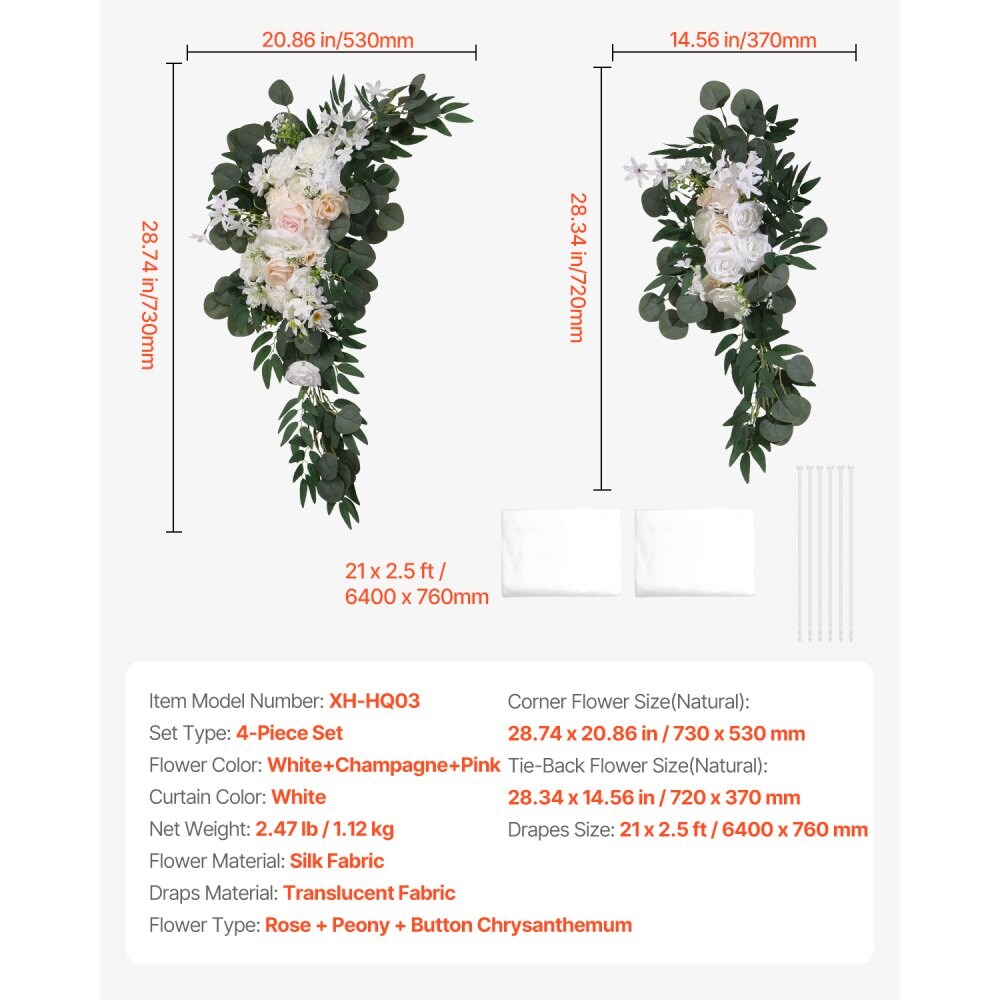 Artificial Wedding Arch Flowers Set with Drapes, Floral Backdrop Decor Kit
