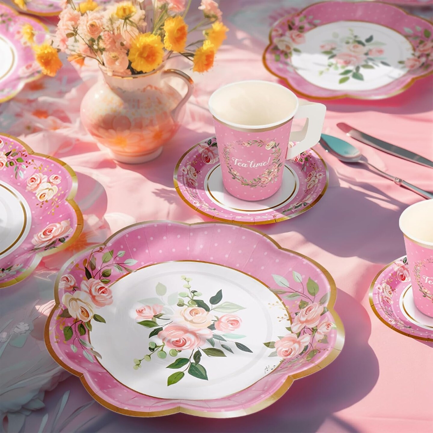 136Pcs Floral Tableware set Tea Party Supplies for 25 Floral Tea Cups with Handle 9&#x201D; 7&#x201D; Floral Paper Plates Disposable Flower Cups and Saucers Sets for Garden Birthday Bridal Wedding,Pink
