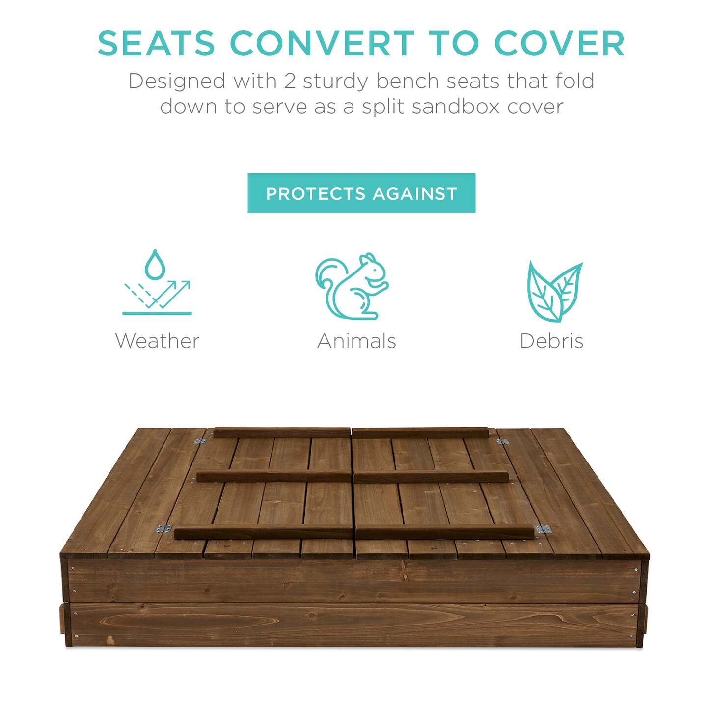 Best Choice Products 47x47-Inch Kids Wooden Outdoor Sandbox w/ 2 Foldable Bench Seats, Sand Protection, Liner
