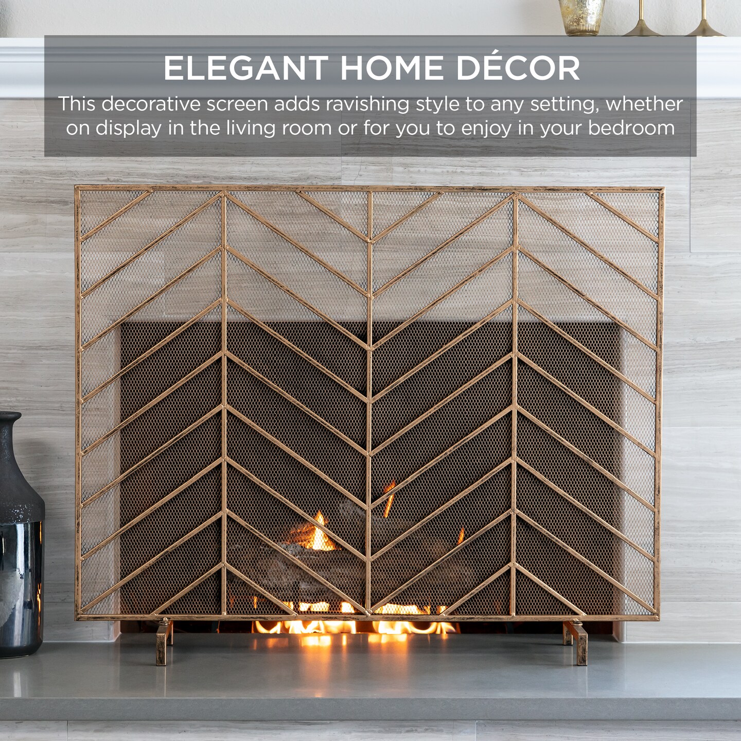 Best Choice Products 38x31in Single Panel Handcrafted Iron Chevron Fireplace Screen w/ Distressed Finish