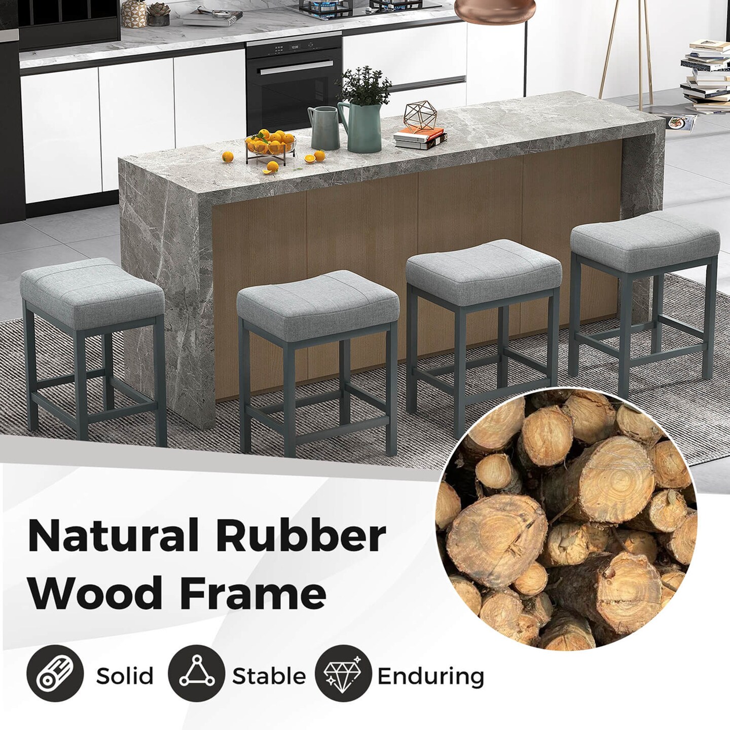 Costway 24.5&#x22; Bar Stool Set of 4 with Solid Rubber Wood Frame Humanized Footrest Kitchen White/Gray