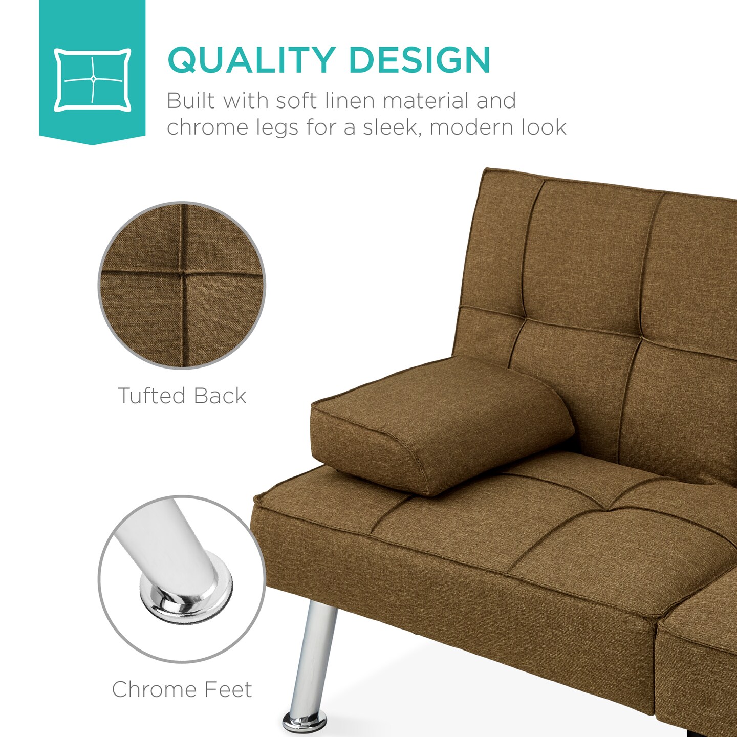 Best Choice Products Modern Linen Convertible Futon Sofa Bed w/ Removable Armrests, Metal Legs, Cupholders