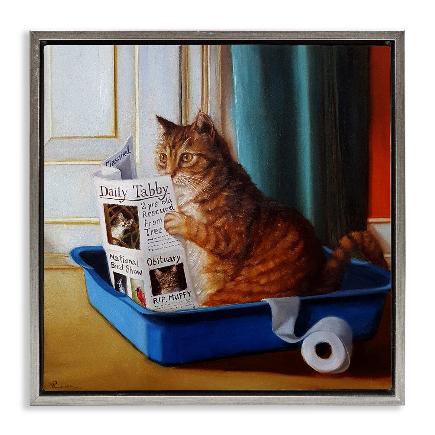 Stupell Industries Litter Box Reading Funny Cat Framed Floater Canvas Wall Art