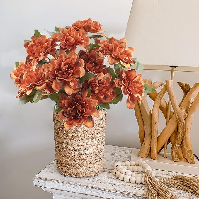 6 Pcs Artificial Daisy Mums Flowers with Stem, Burnt Orange Silk Flowers Arrangement for Home Party Fall Wedding Bouquet Thanksgiving Table Centerpieces Decor (Vintage Terracotta)