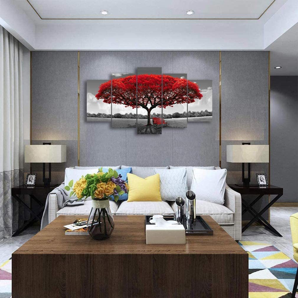 Red Tree Landscape Canvas Wall Art - Framed Modern Giclee Prints - 5 Piece Set (30x50cm, 30x65cm, 30x80cm)