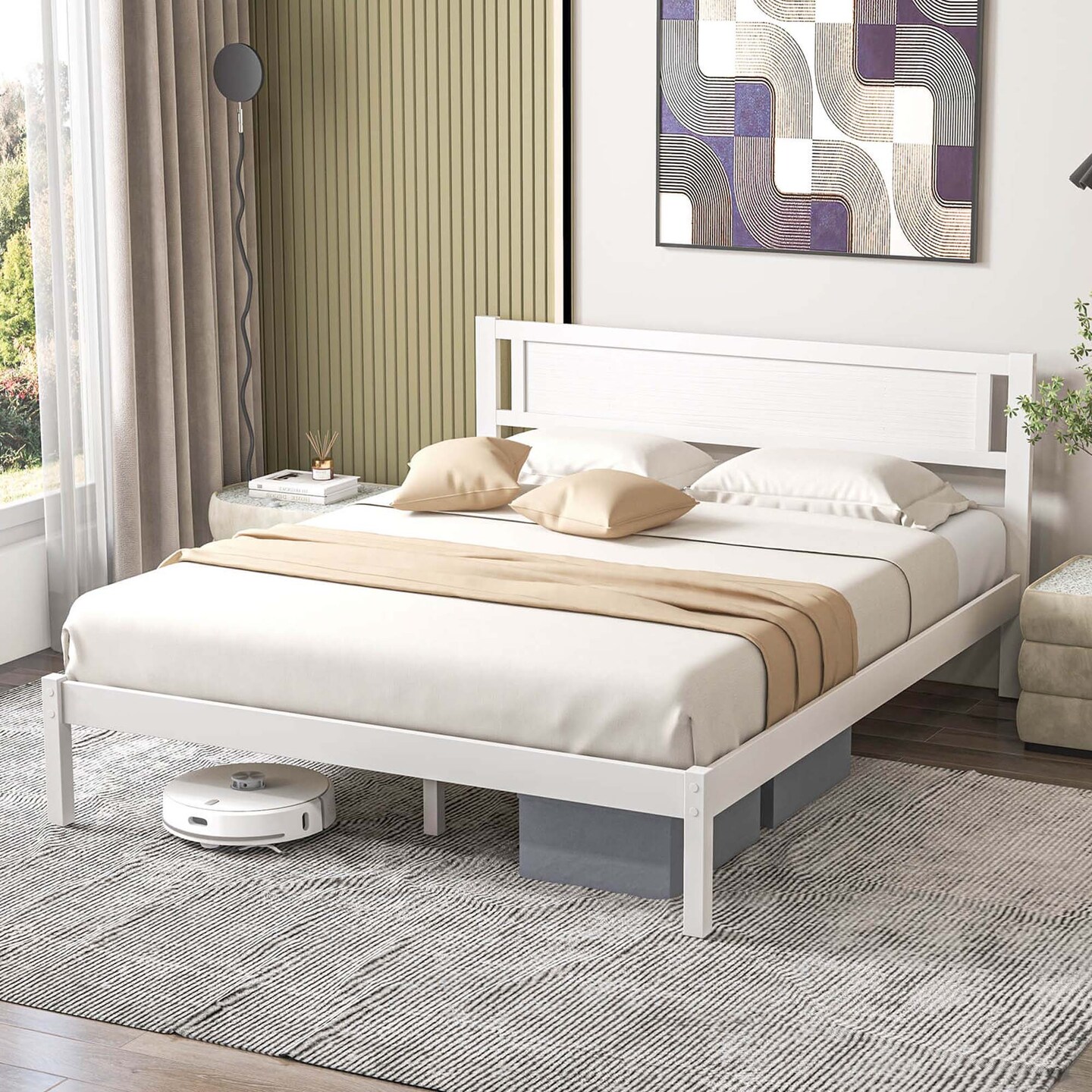 Costway Twin/Full/Queen Wooden Platform Bed with 12 Slats Headboard & Under Bed Storage White