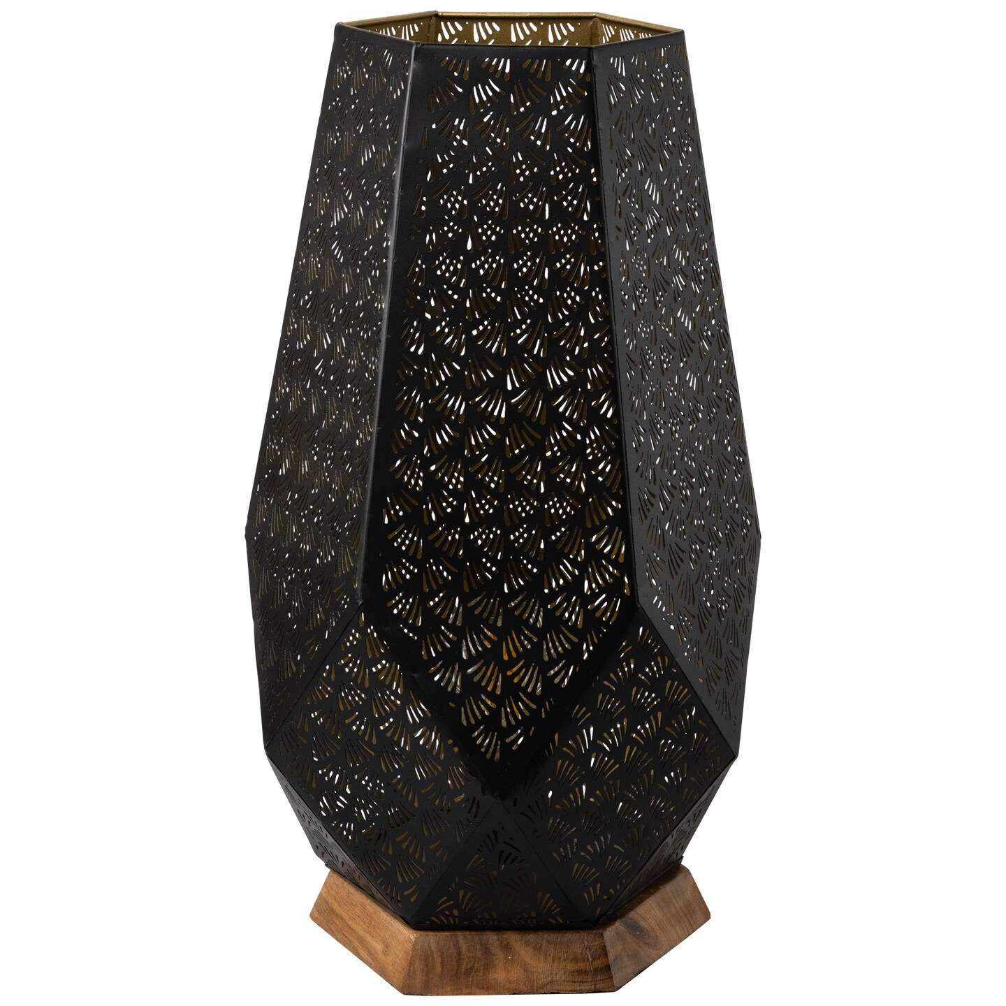 Northlight Laser-Cut Leaf Pattern Iron Table Lamp with Wood Base  - 17&#x22; - Black and Gold
