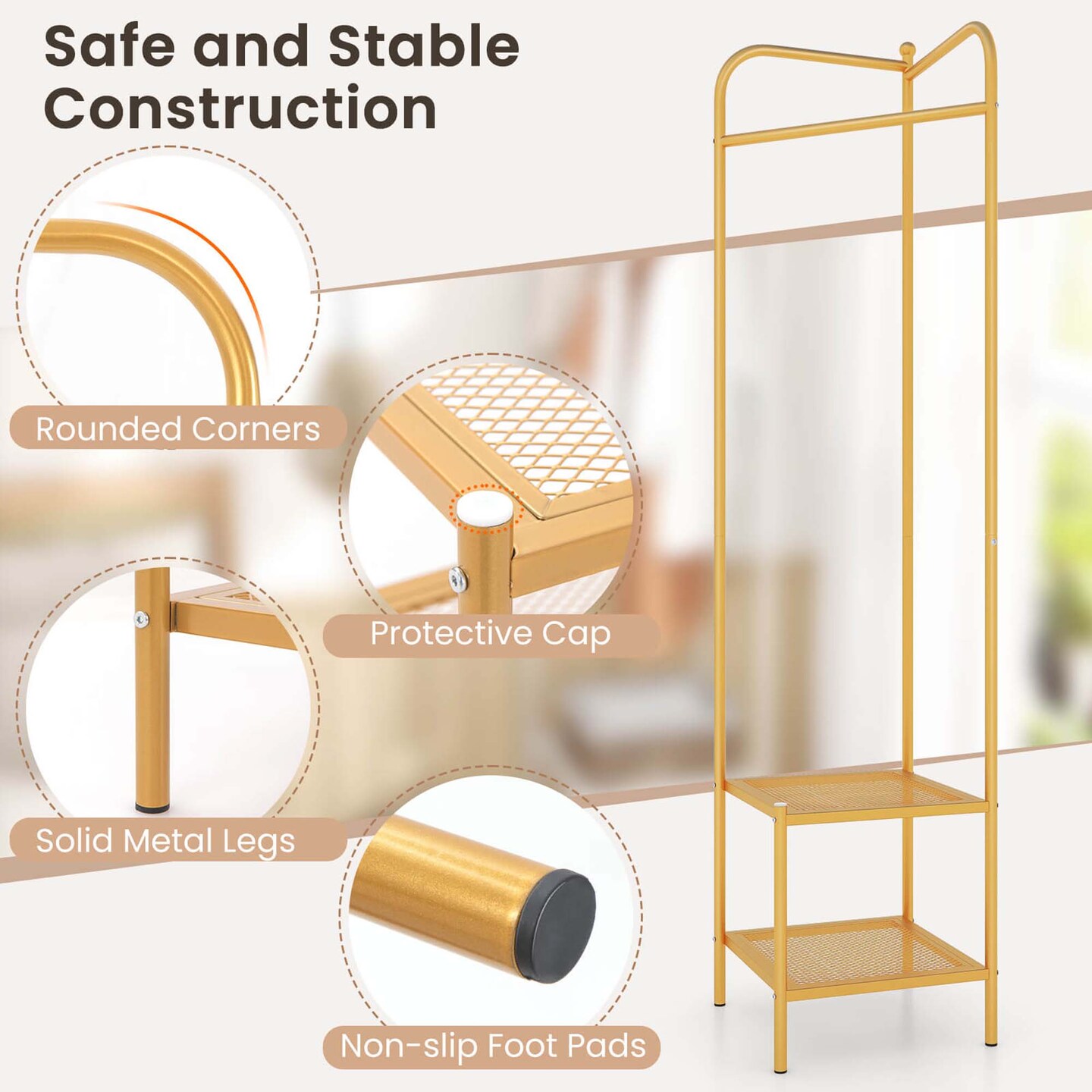 Costway Corner Coat Rack with Shelves Freestanding Hall Tree with Top Hanger Black/Golden/White