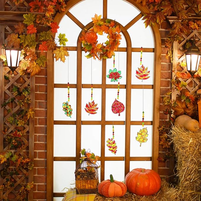 24 sets of fall leaf suncatchers, ornaments, and decorations DIY Window Paint Art Suncatcher Craft Kits Autumn Maple Leaf Suncatchers for Kids&#x27; Classrooms Thanksgiving Harvest Party Art Project Activity.