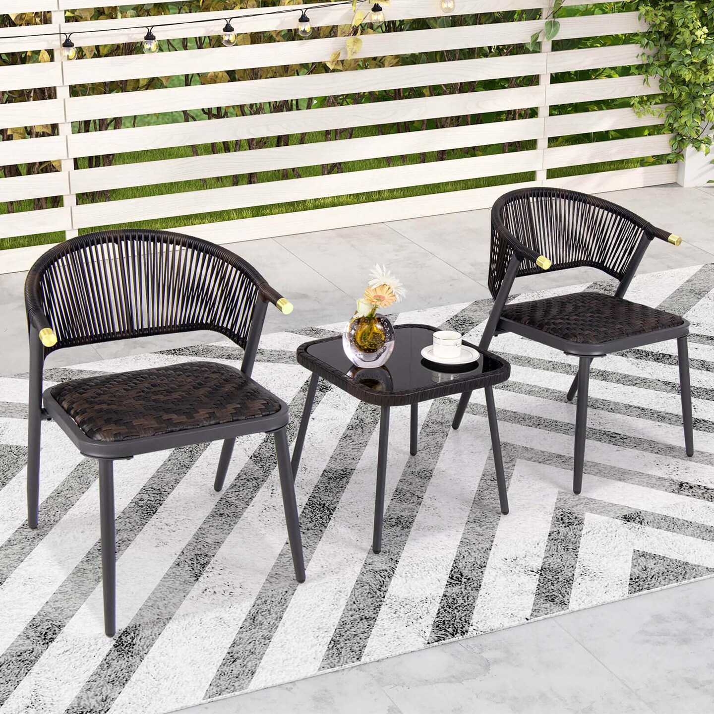 Costway 3 PCS Patio Rattan Furniture Set with Tempered Glass Tabletop Wicker Seat