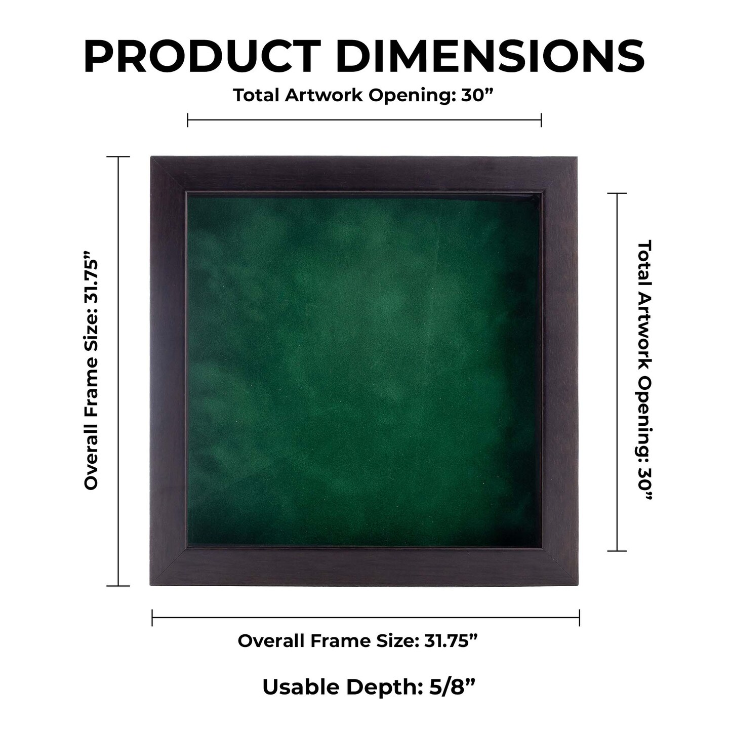 Rich Dark Brown Wood Shadow Box Frame with Acrylic Front - Forest Green Suede Backing, 30 Sizes