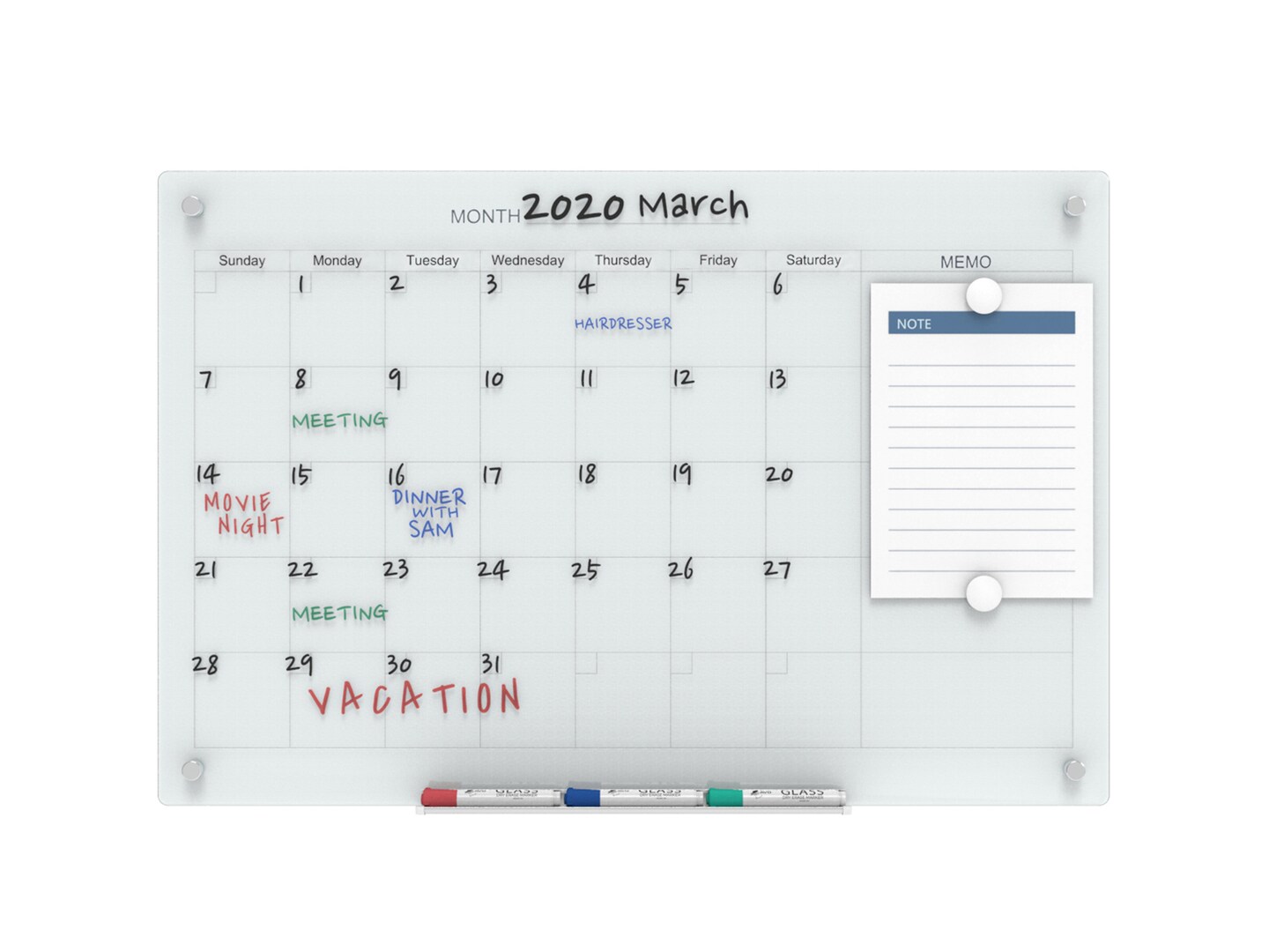 Audio-Visual Direct Magnetic Calendar Glass Dry Erase Board Set - Monthly Planner