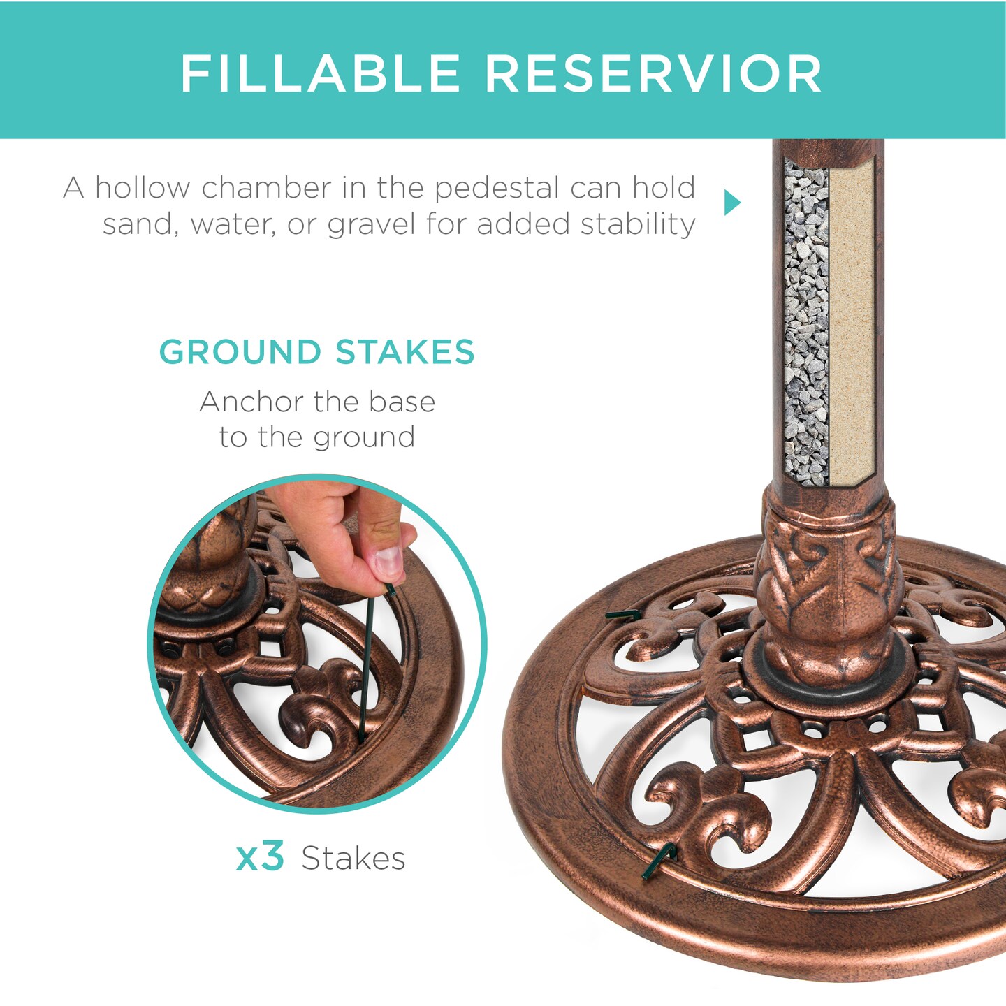Best Choice Products Outdoor Rustic Pedestal Bird Bath Accent for Garden, Yard w/ Fleur-de-Lis Accents