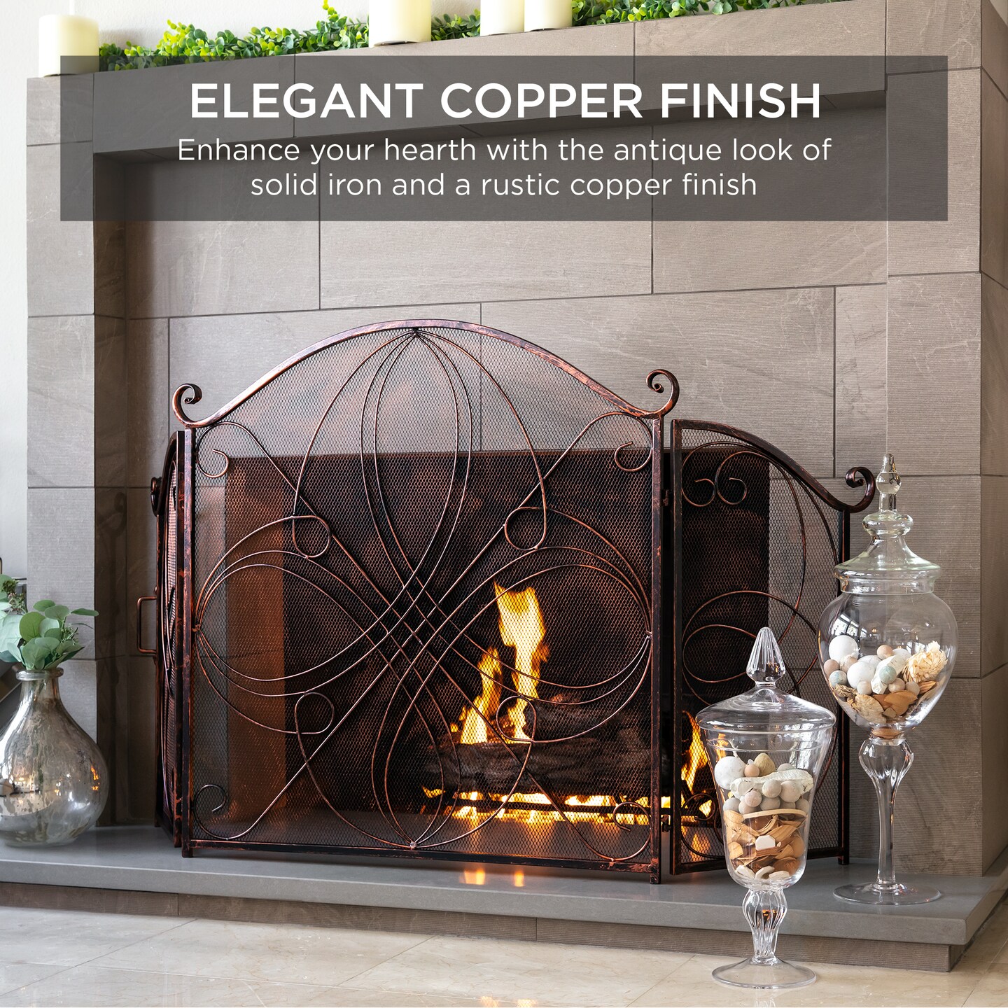 Best Choice Products 3-Panel 55x33in Wrought Iron Fireplace Safety Screen Decorative Scroll Spark Guard Cover