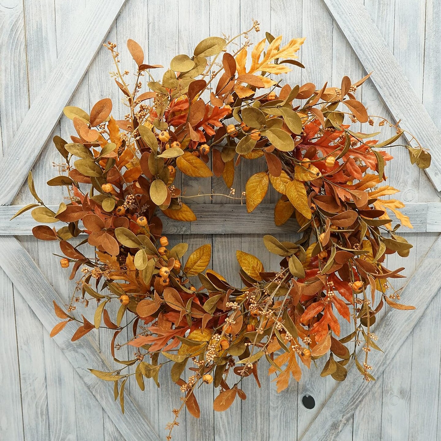 Artificial Fall Wreath for Front Door Autumn Wreath with Bright Oak Leaves, Small Pumpkin, Berry Branches, and Mixed Leaves for Farmhouse Indoor Outdoor Window Wall Door Decor.