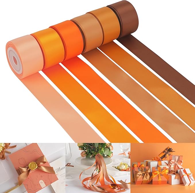 Terracotta Ribbon 1 inch Orange Double-faced Satin Ribbon Pack 6 Rolls, Silk Satin Ribbons for Fall Wedding Flower Bouquet Wrap Hair Bows Making Gift Wrapping and Crafts&#x2014;Total 30 Yards