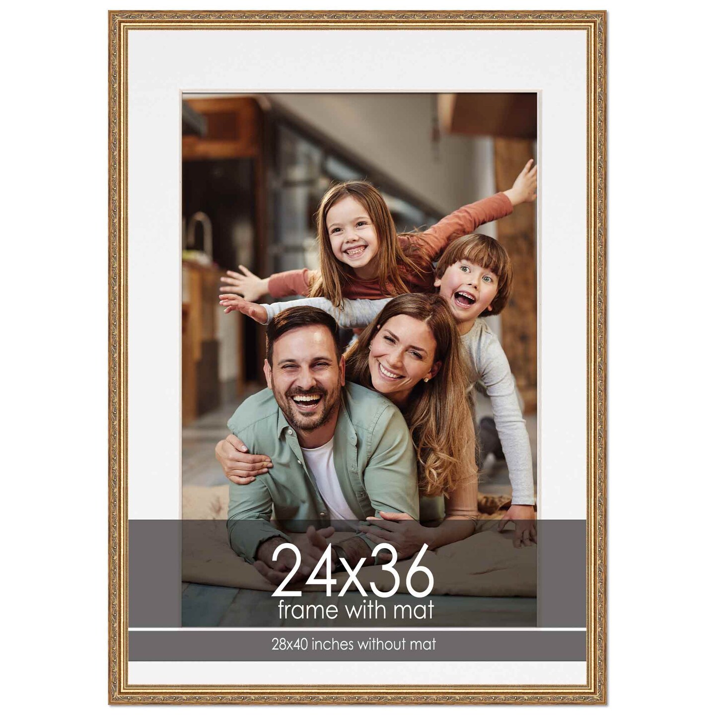 Antique Gold Frame with White Photo Mat, UV Acrylic Front, Foam Board Backing, 60 Sizes Available